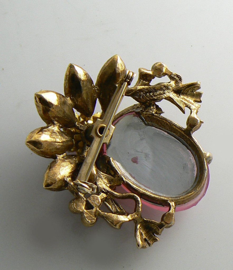 Golden Leaves, Pink Rhinestones and a Pink Glass Cabochon. Large Flower pin - Vintage Lane Jewelry