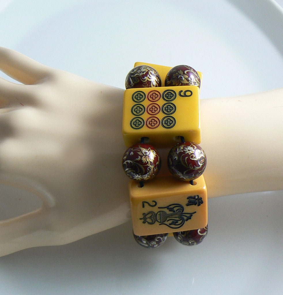 Bakelite Antique Mahjong Bracelet, hand painted flower tiles, Jan Carlin - Vintage Lane Jewelry