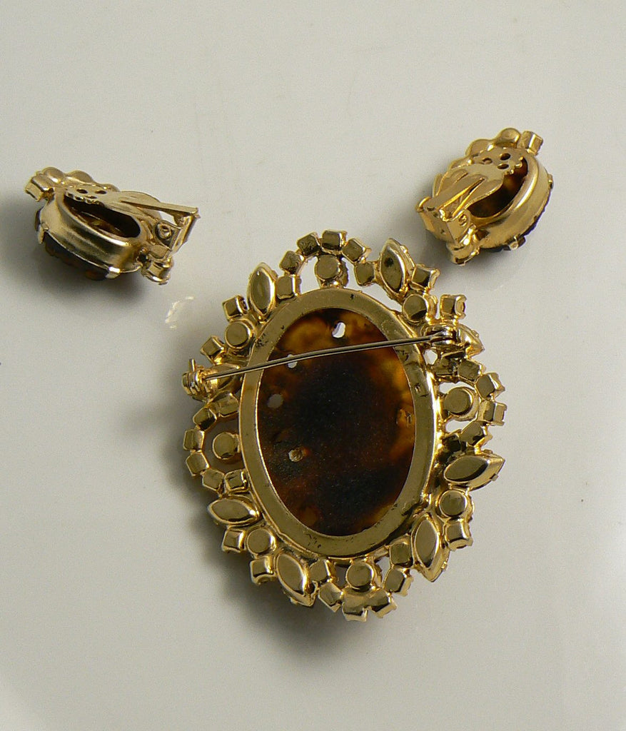 Juliana Book Piece Faux Tortoise Shell Cameo Rhinestone Brooch and Clip Earring Set - Vintage Lane Jewelry