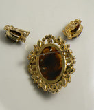Juliana Book Piece Faux Tortoise Shell Cameo Rhinestone Brooch and Clip Earring Set - Vintage Lane Jewelry