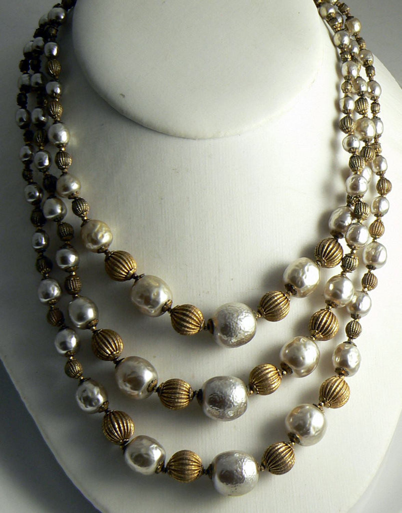 Miriam Haskell Baroque Pearl and Russian Gold Bead 3 Strand Necklace - Vintage Lane Jewelry