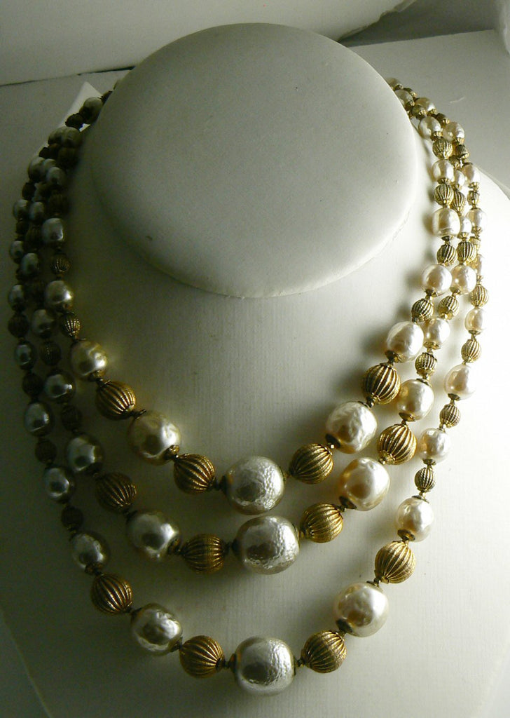 Miriam Haskell Baroque Pearl and Russian Gold Bead 3 Strand Necklace - Vintage Lane Jewelry