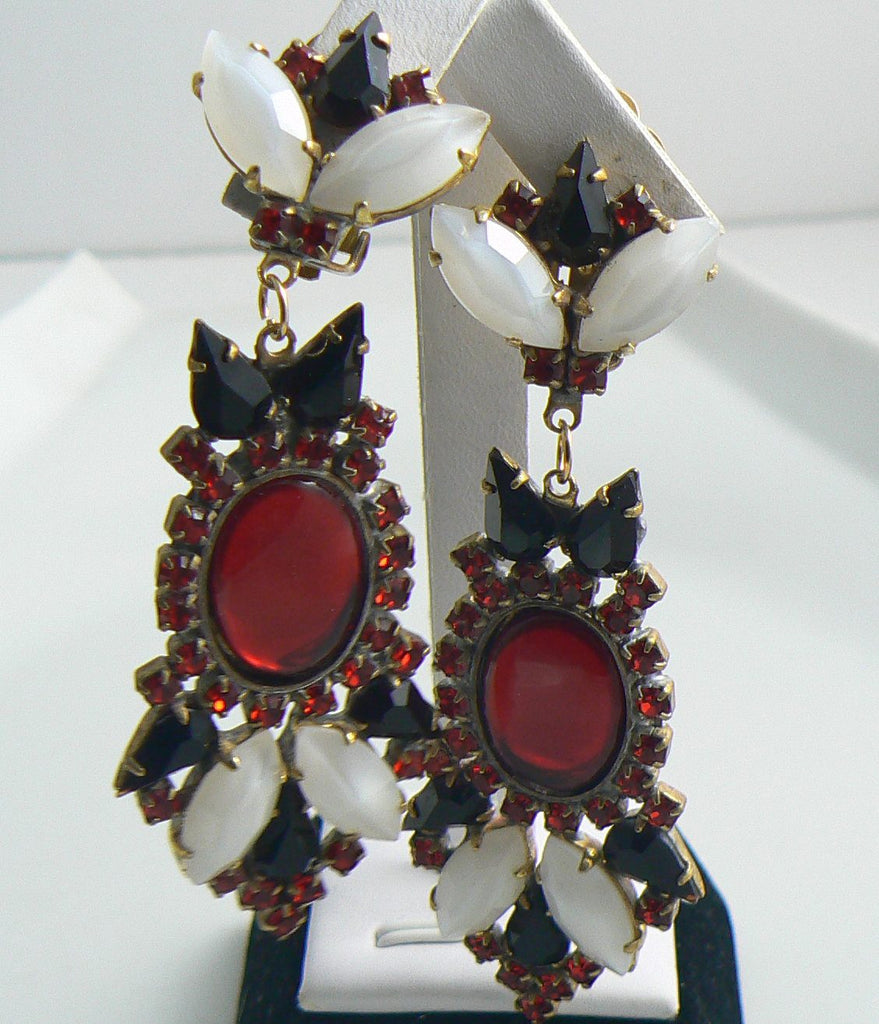 Red, Black and White Czech Glass Clip Earrings, Rhinestones - Vintage Lane Jewelry