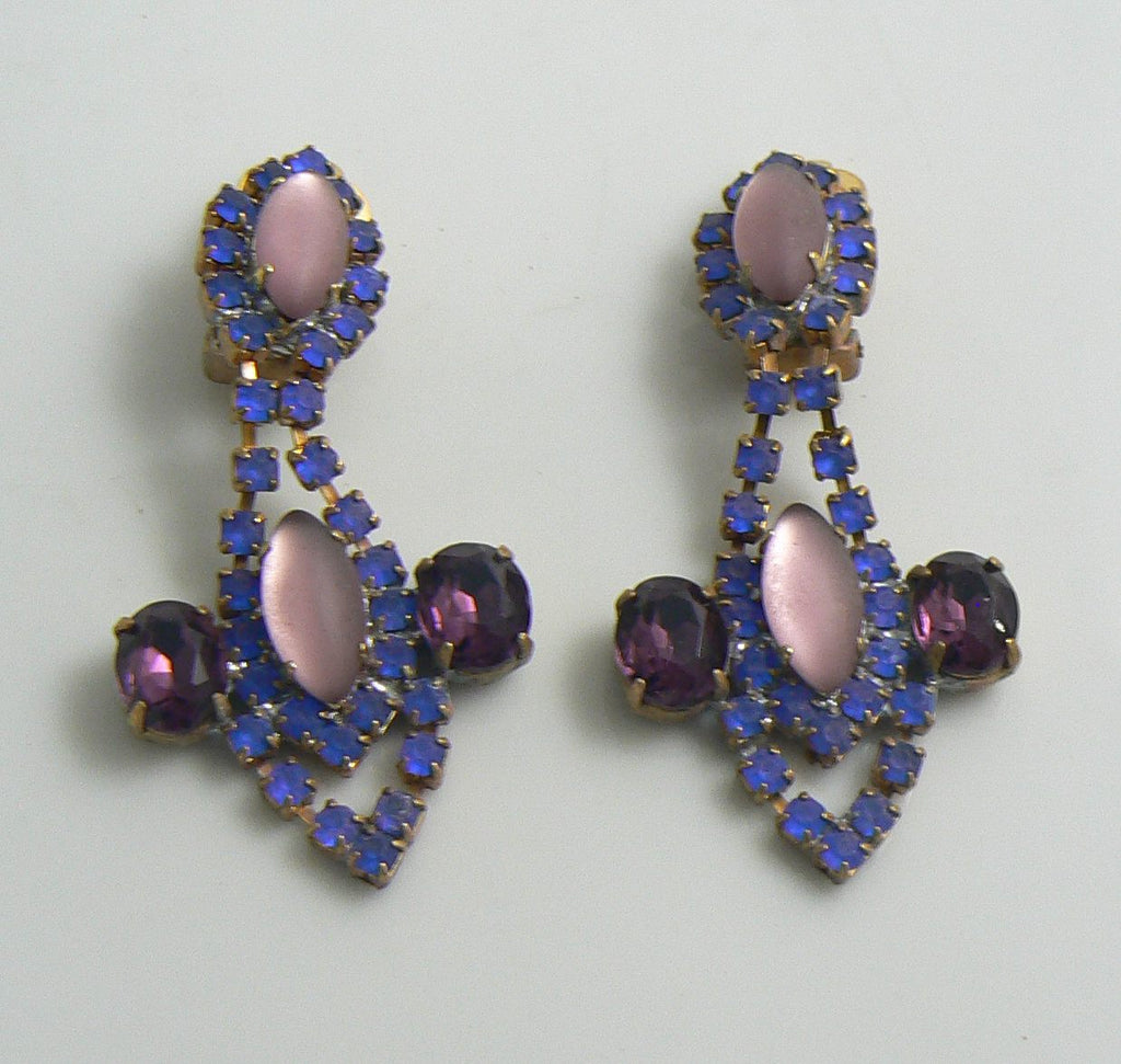 Purple and Blue Czech Glass Clip Earrings, Rhinestone - Vintage Lane Jewelry