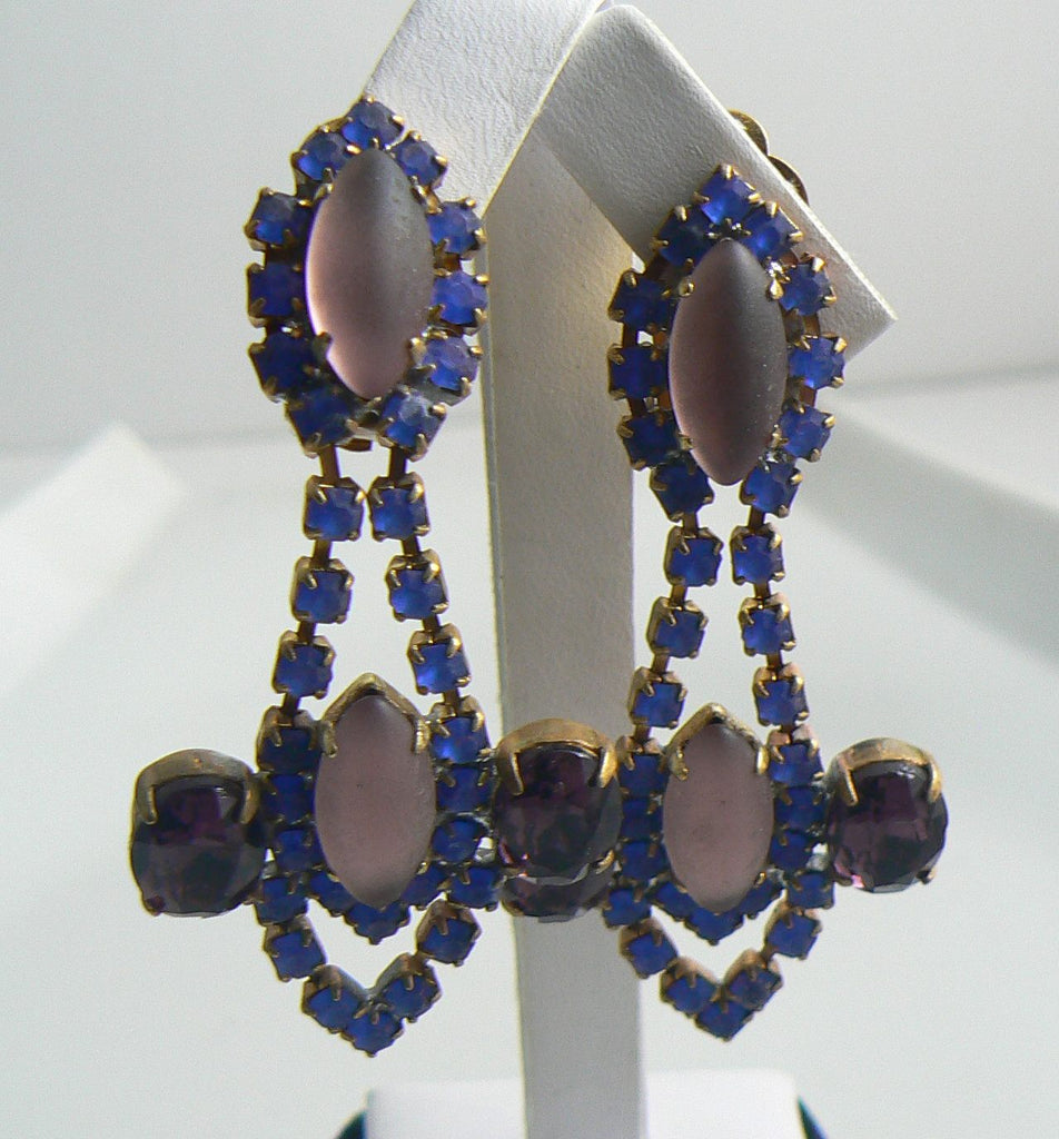 Purple and Blue Czech Glass Clip Earrings, Rhinestone - Vintage Lane Jewelry