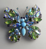 Regency Blue Rhinestone Figural Butterfly Brooch, Blue Glass Cabochons - Vintage Lane Jewelry