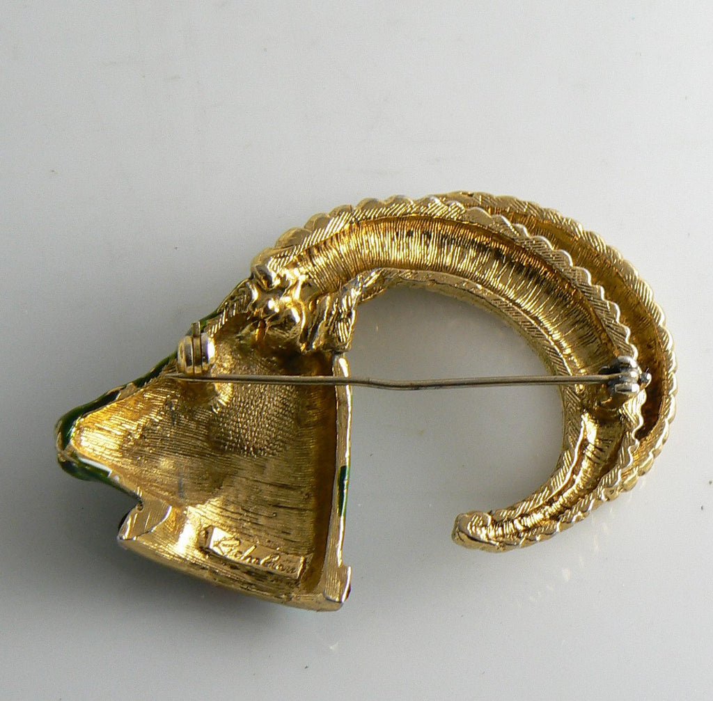 Vintage Richelieu Gold Ram Elk Green Enamel Rhinestone Brooch Pin - Vintage Lane Jewelry