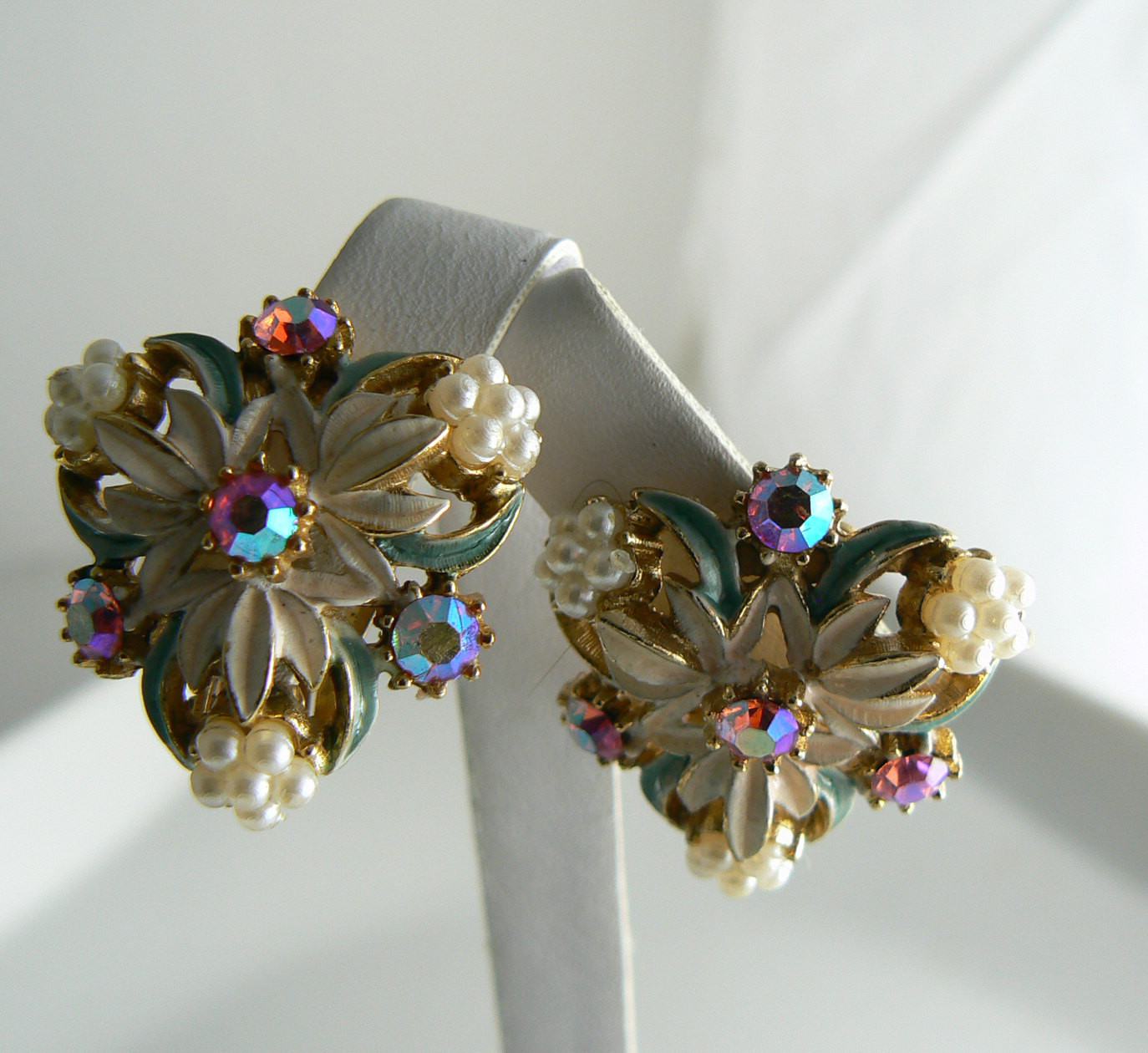 Florenza Enamel, AB Rhinestone Faux Pearl Clip Earrings - Vintage Lane ...