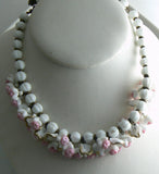 Vintage Miriam Haskell Pink and White Dangling Glass Flower Necklace - Vintage Lane Jewelry