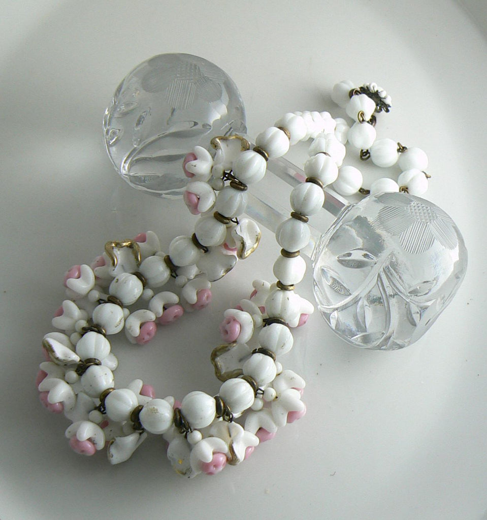 Vintage Miriam Haskell Pink and White Dangling Glass Flower Necklace - Vintage Lane Jewelry