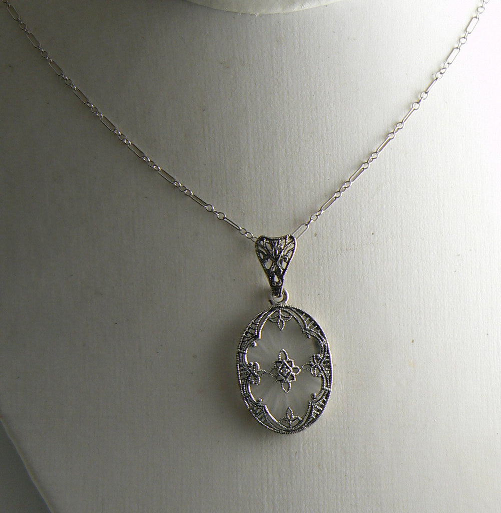 Art Deco Oval Frosted Crystal Camphor Glass Filigree Diamond Pendant Sterling Silver - Vintage Lane Jewelry
