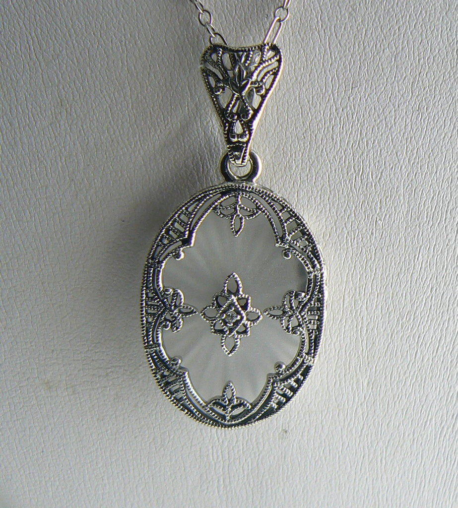 Art Deco Oval Frosted Crystal Camphor Glass Filigree Diamond Pendant Sterling Silver - Vintage Lane Jewelry