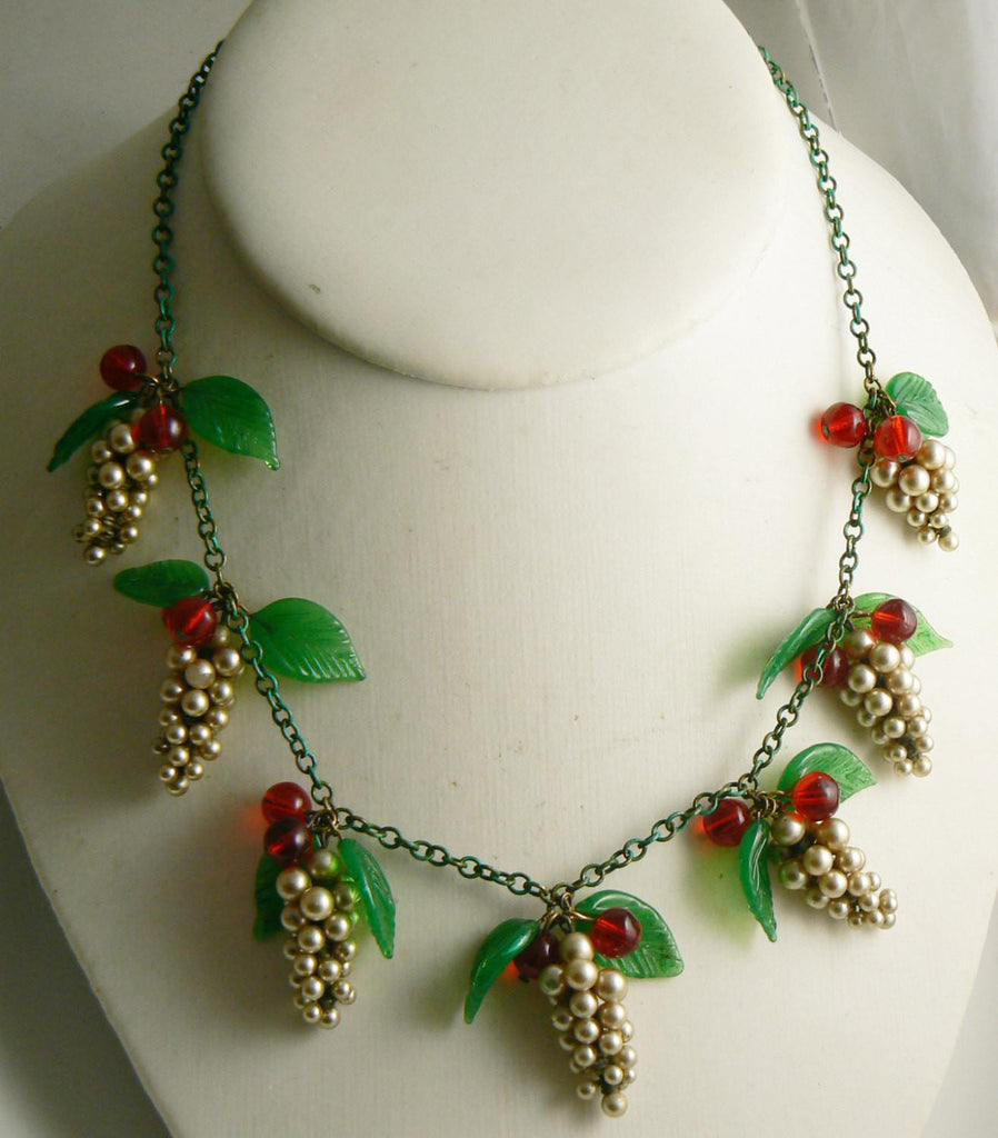 Early Miriam Haskell Glass Pearl Clusters, Red Glass Berries and Leaves Necklace - Vintage Lane Jewelry