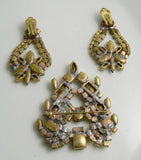 Czech Glass Christmas Tree Pin and clip Earrings Set - Vintage Lane Jewelry