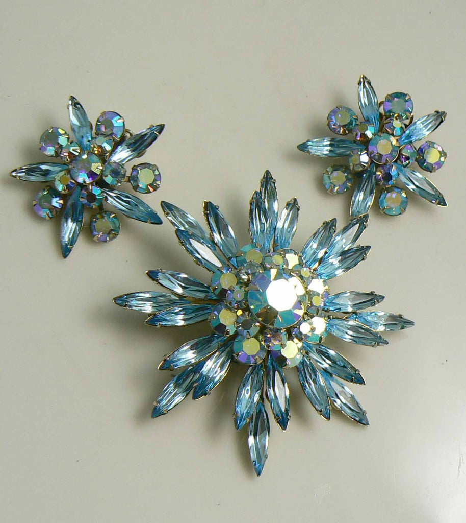 Vintage Judy Lee Blue Topaz Aurora Borealis Rhinestone Brooch Earring Demi Set - Vintage Lane Jewelry