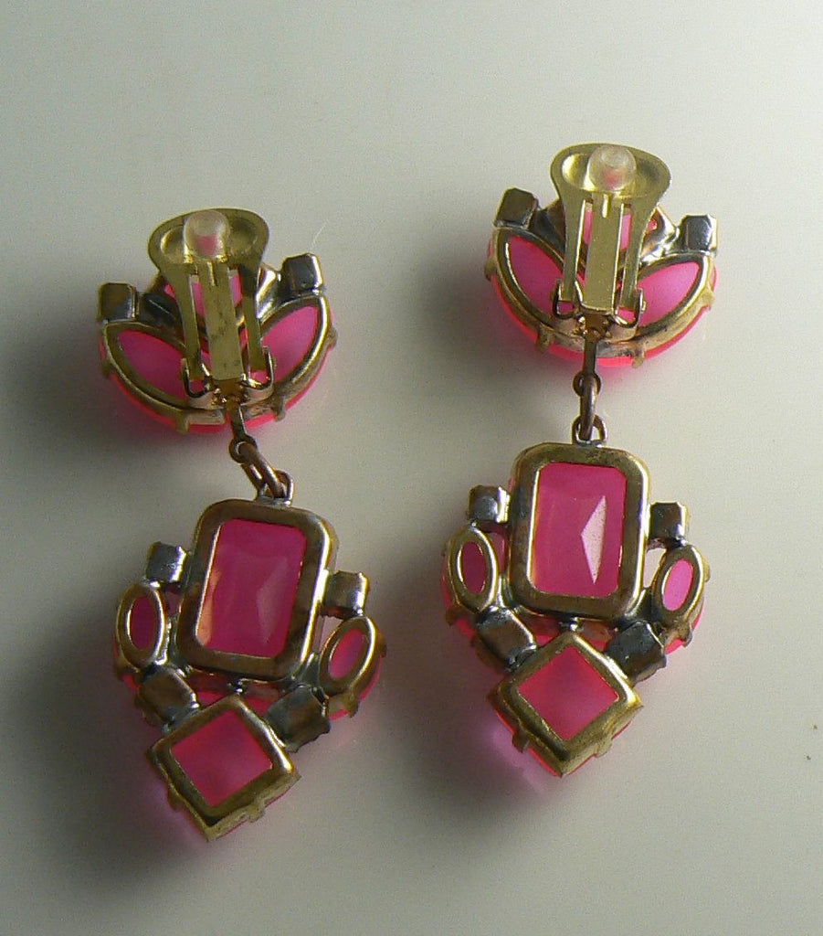 Czech Neon Pink Clip Earrings - Vintage Lane Jewelry
