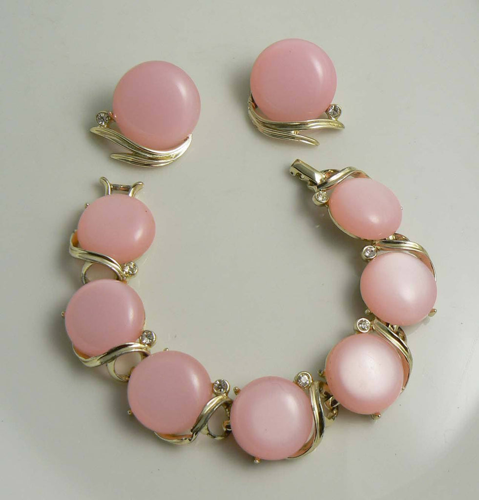 Vintage Lisner Pink Moonglow Plastic Thermoset Bracelet Earring Set - Vintage Lane Jewelry