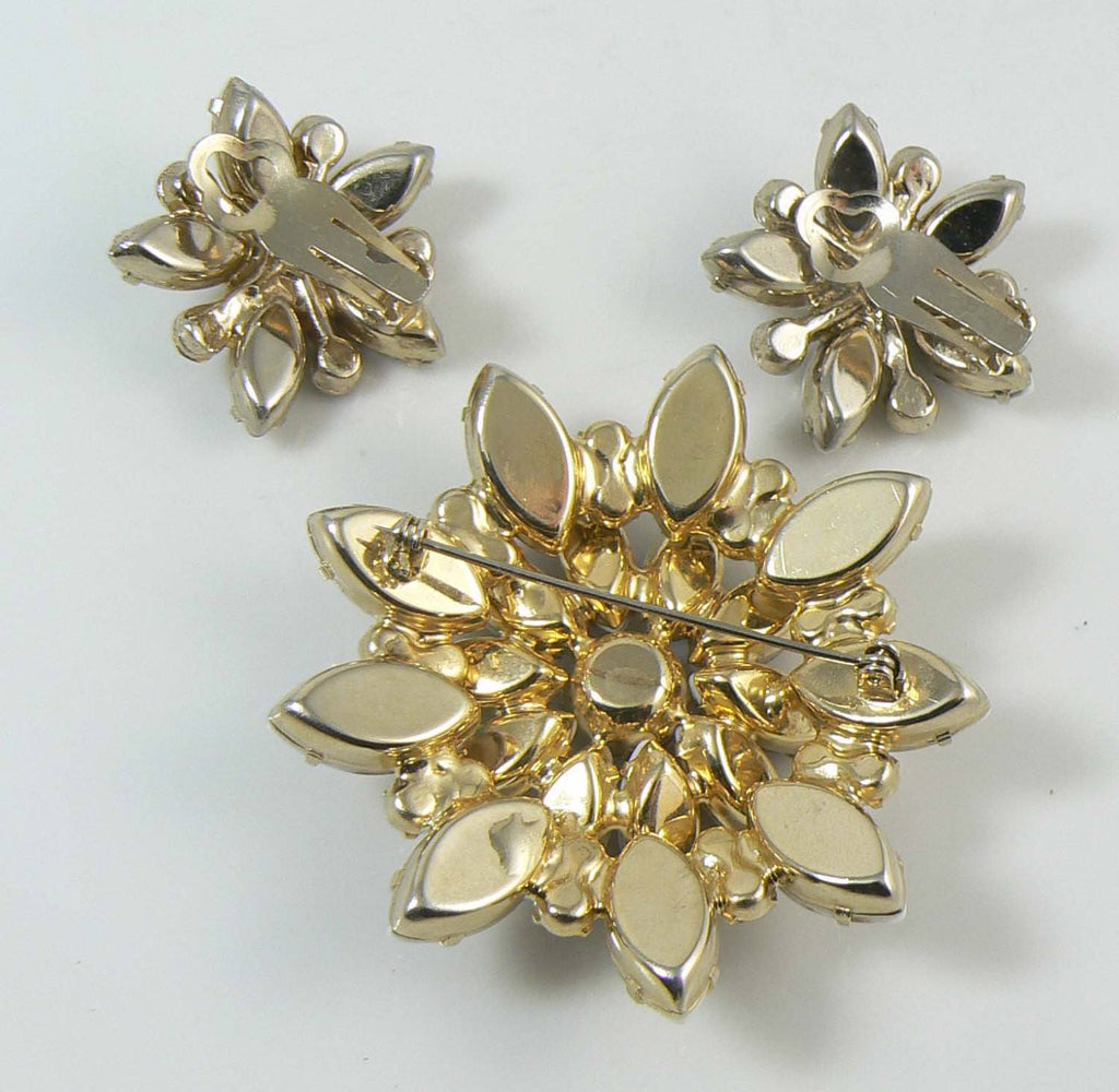 Juliana D & E Gold Fluss Topaz Rhinestone Brooch Earring Verified Book Piece Set - Vintage Lane Jewelry