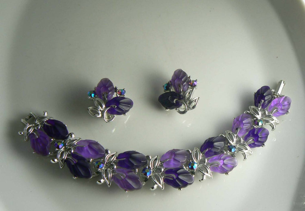 Purple Molded Plastic Thermoset Bracelet and Earrings - Vintage Lane Jewelry