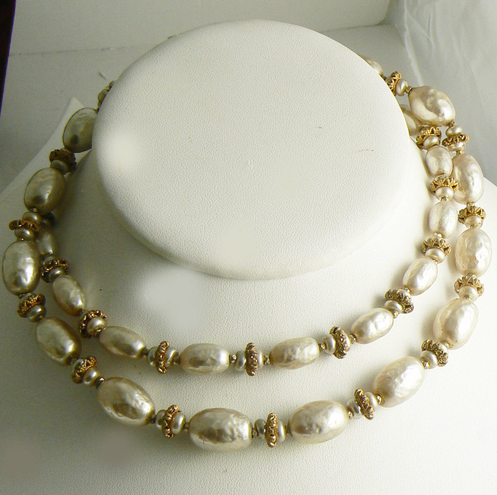 Classic Miriam Haskell Baroque Pearl and Gold Disk Necklace - Vintage Lane Jewelry