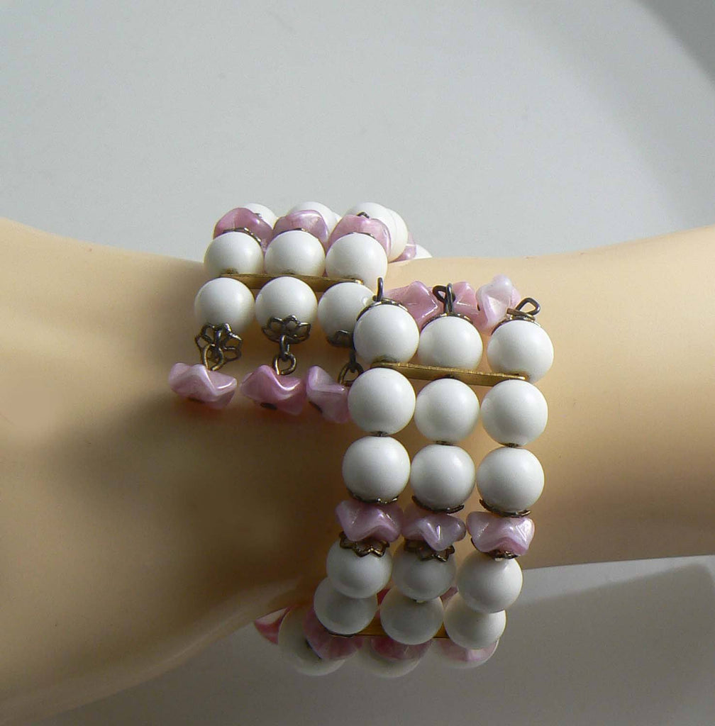 Hobe Pink Art Glass Plastic Bead Memory Bracelet and Clip Earrings Set - Vintage Lane Jewelry