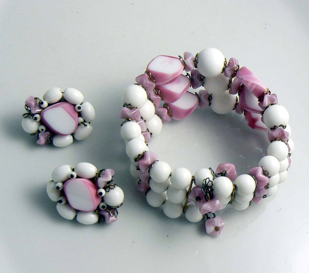 Hobe Pink Art Glass Plastic Bead Memory Bracelet and Clip Earrings Set - Vintage Lane Jewelry