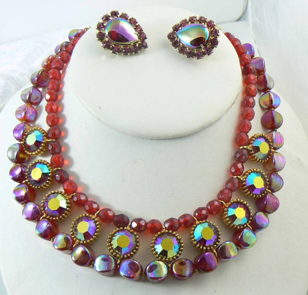 Red AB Rhinestone Carnival Glass Bib Necklace and Clip Earrings - Vintage Lane Jewelry