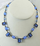 Art Deco blue step glass, brilliant cut glass and brass necklace - Vintage Lane Jewelry