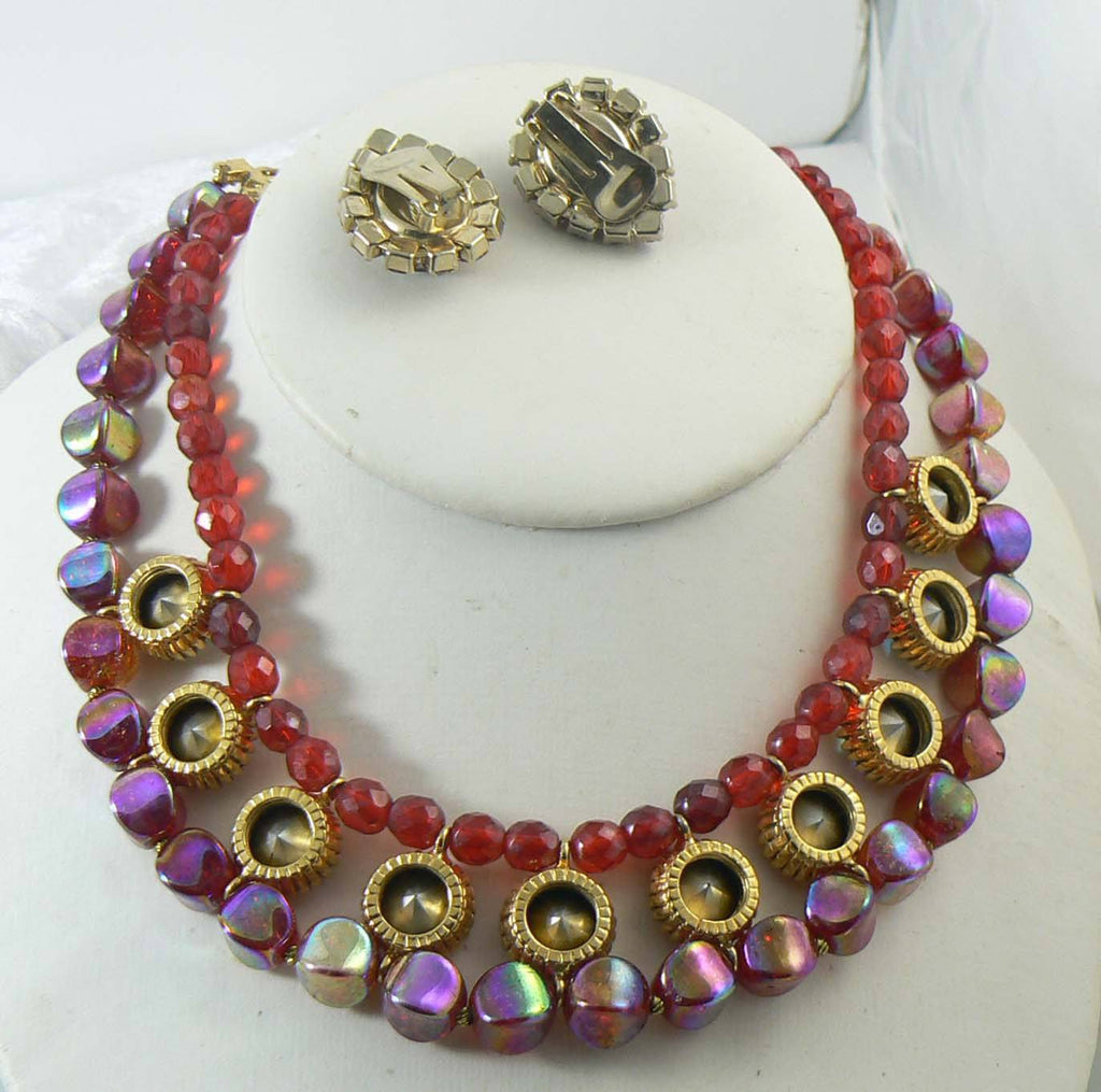 Red AB Rhinestone Carnival Glass Bib Necklace and Clip Earrings - Vintage Lane Jewelry