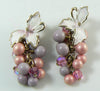 Vintage White enamel Flower Pink Crystal Purple Pearl Cluster Dangle Clip Earrings - Vintage Lane Jewelry