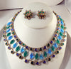 Egyptian Revival Blue and Green Glass Bezel Bib Necklace Earring Set - Vintage Lane Jewelry