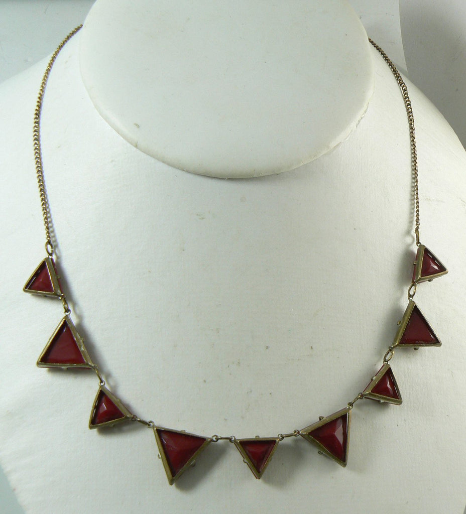 Art Deco Gold Filled Molded Red Vauxhall Glass Necklace - Vintage Lane Jewelry