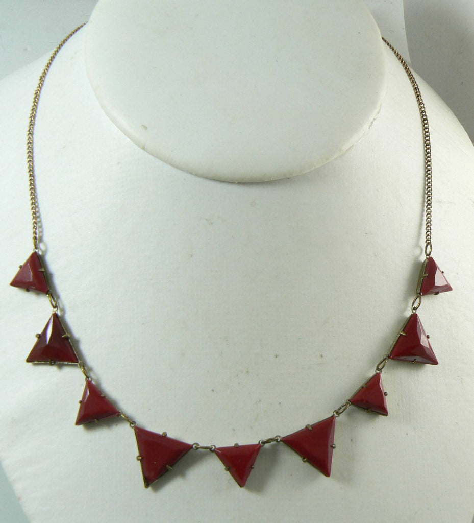 Art Deco Gold Filled Molded Red Vauxhall Glass Necklace - Vintage Lane Jewelry