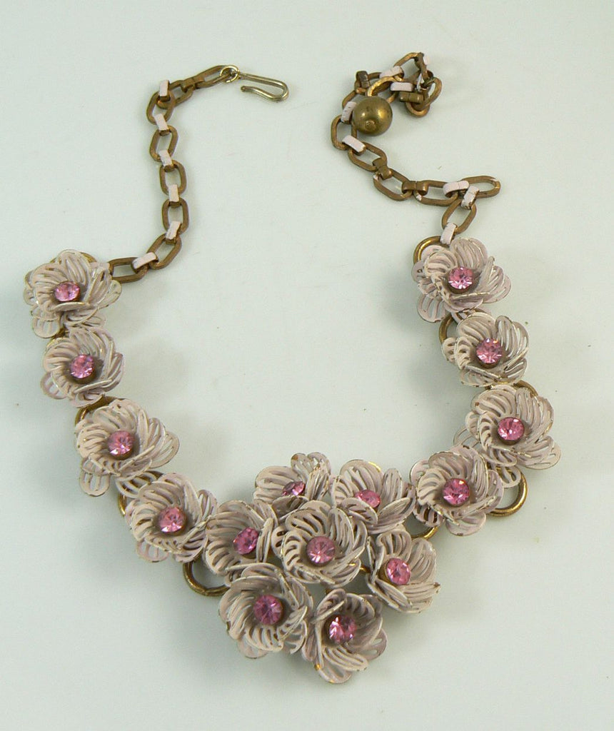 Vintage Coro Pink Enamel Filigree Flower Rhinestone Necklace - Vintage Lane Jewelry