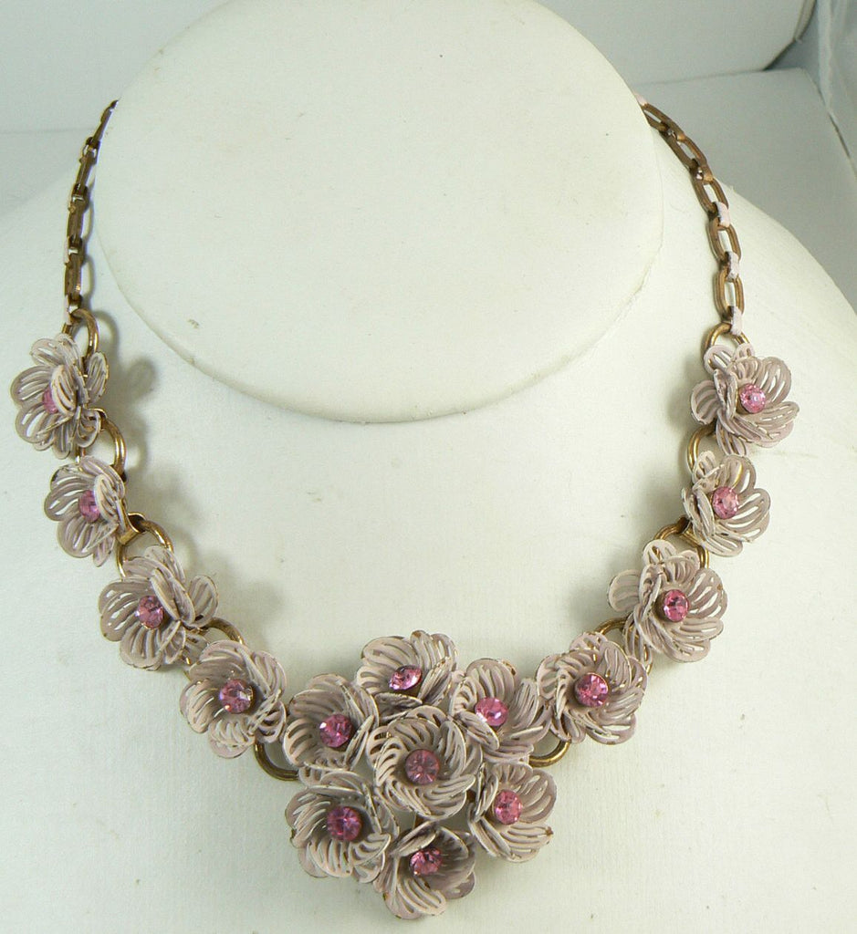 Vintage Coro Pink Enamel Filigree Flower Rhinestone Necklace - Vintage Lane Jewelry