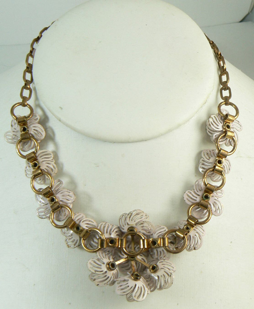 Vintage Coro Pink Enamel Filigree Flower Rhinestone Necklace - Vintage Lane Jewelry