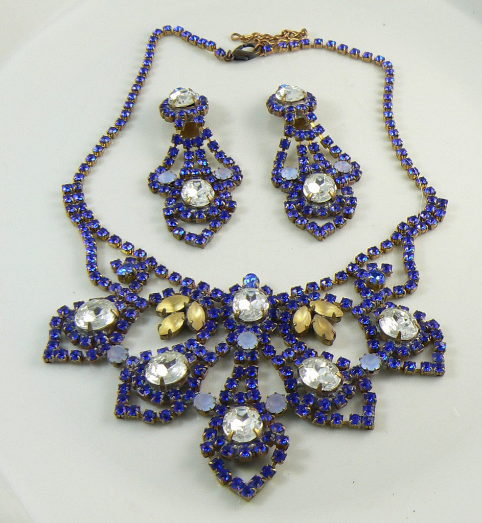 Beautiful Taboo Czech Glass Cobalt Blue Rhinestone Necklace Earring Set - Vintage Lane Jewelry