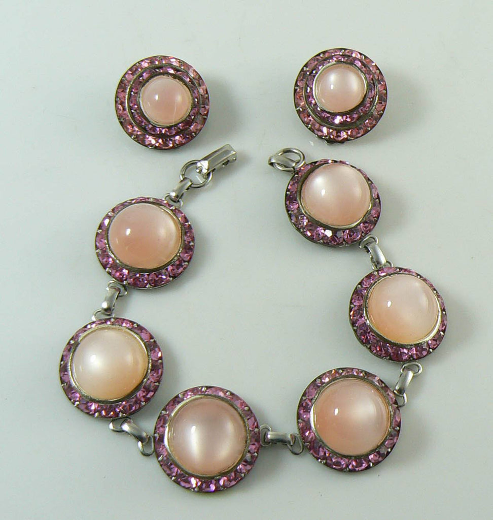 Pink Rhinestones and Moonstone Cabochons Bracelet and Clip Earrings - Vintage Lane Jewelry