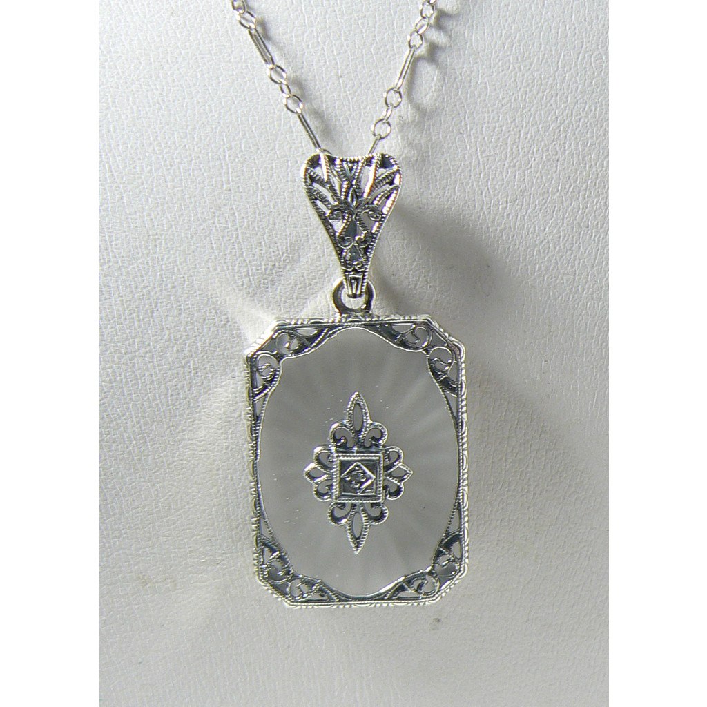 Art Deco Camphor Glass Diamond 14K White Gold Filigree Necklace - Etsy