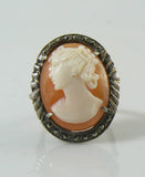 Vintage Carved Shell Cameo Marcasite Sterling Silver Ring - Vintage Lane Jewelry