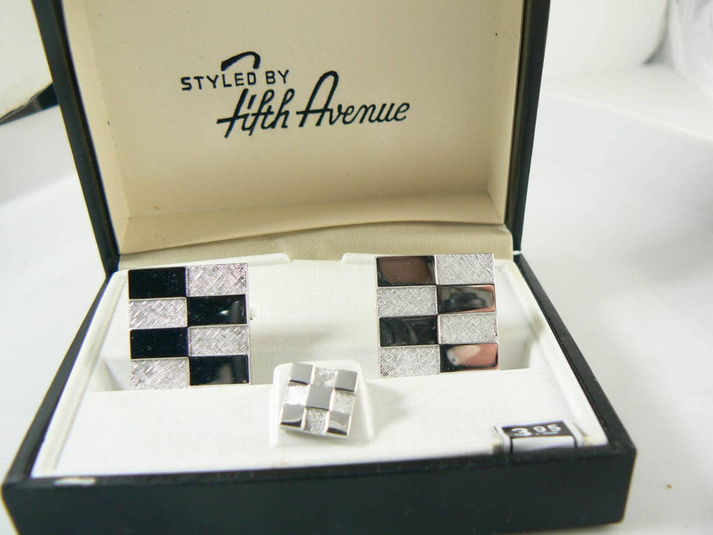 Vintage Shields Checkered Silver Tone Toggle Cuff Links and Tie Tack Set - Vintage Lane Jewelry