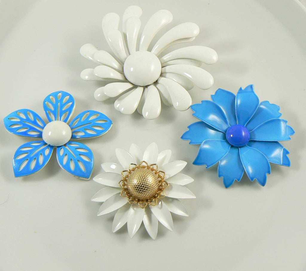 Enamel Flower Pins Shades of Blue and White Lot - Vintage Lane Jewelry