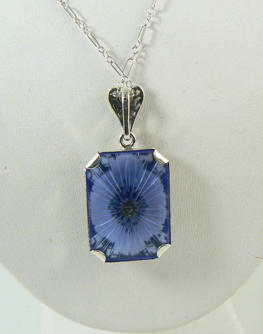 Art Deco Blue Camphor Glass Filigree Diamond Sterling Silver Necklace 