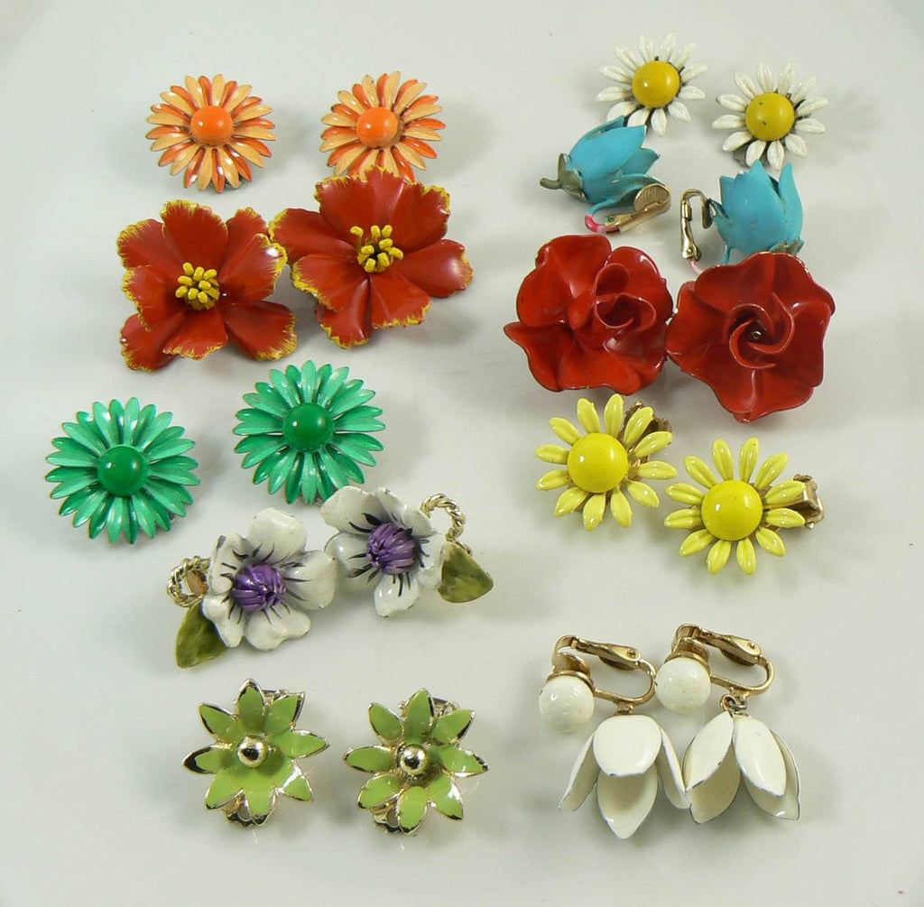 Enamel Flower Clip Earring Lot - Vintage Lane Jewelry