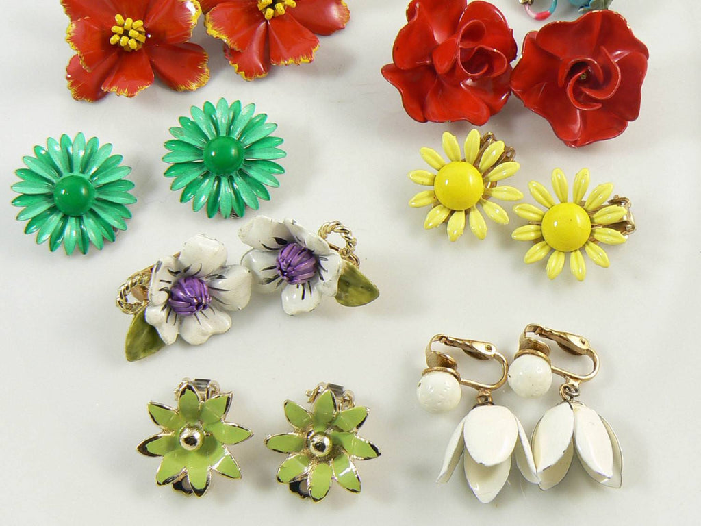 Enamel Flower Clip Earring Lot - Vintage Lane Jewelry