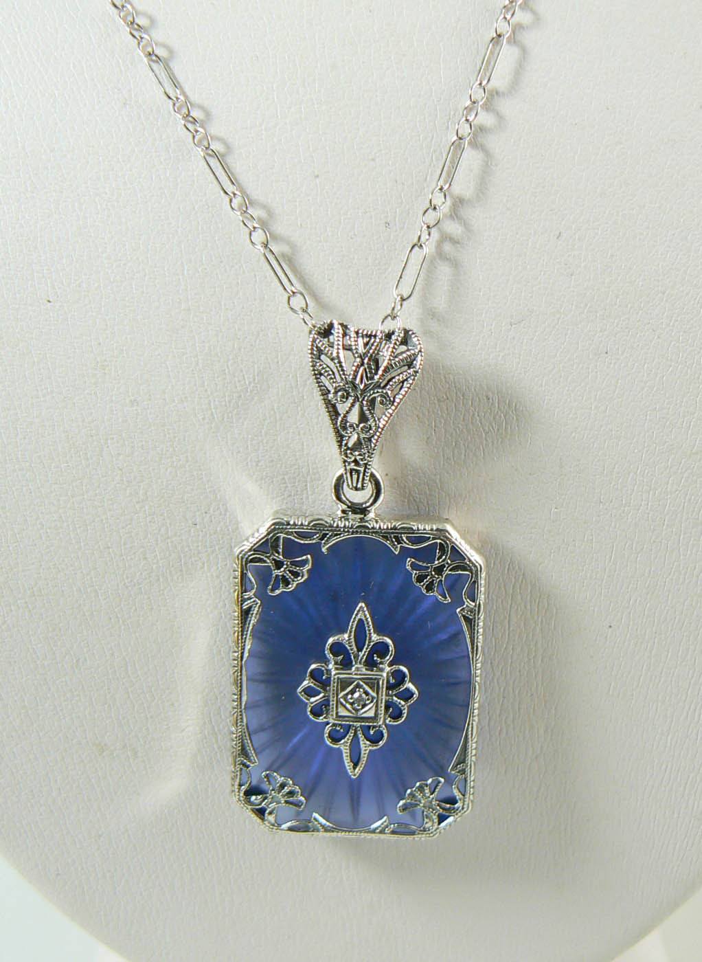 Art Deco Blue Camphor Glass Filigree Diamond Sterling Silver Necklace ...