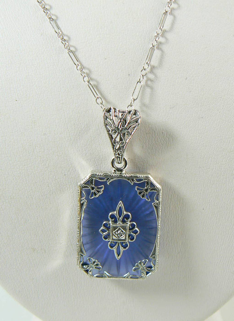 Art Deco Blue Camphor Glass Filigree Diamond Sterling Silver Necklace - Vintage Lane Jewelry