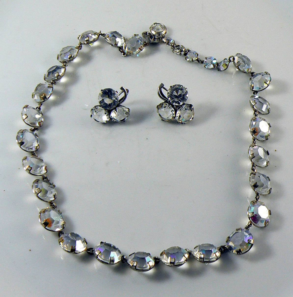 Sterling Open Back Rhinestone Tennis Necklace and Earrings Set - Vintage Lane Jewelry