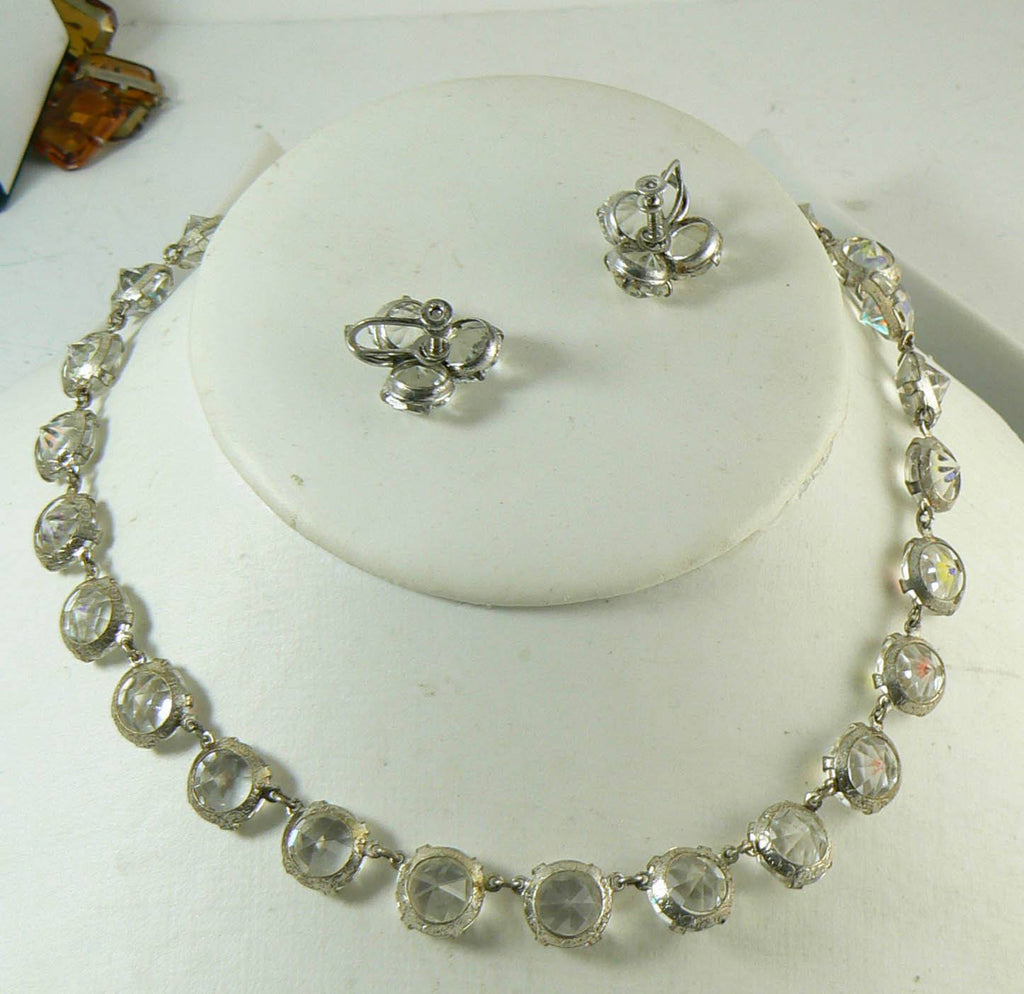 Sterling Open Back Rhinestone Tennis Necklace and Earrings Set - Vintage Lane Jewelry