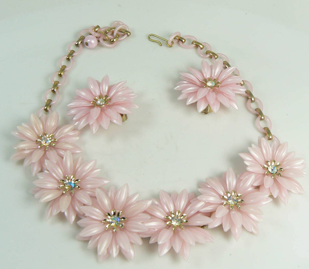 Vintage Signed CORO Pink Plastic Flower And Rhinestone Demi Necklace and Earrings - Vintage Lane Jewelry